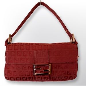 Fendi Red Zucchino Canvas Mama Baguette Bag